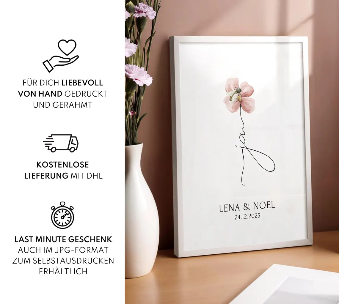 Ja Poster Hochzeit – Geschenk mit Blumen für das Brautpaar