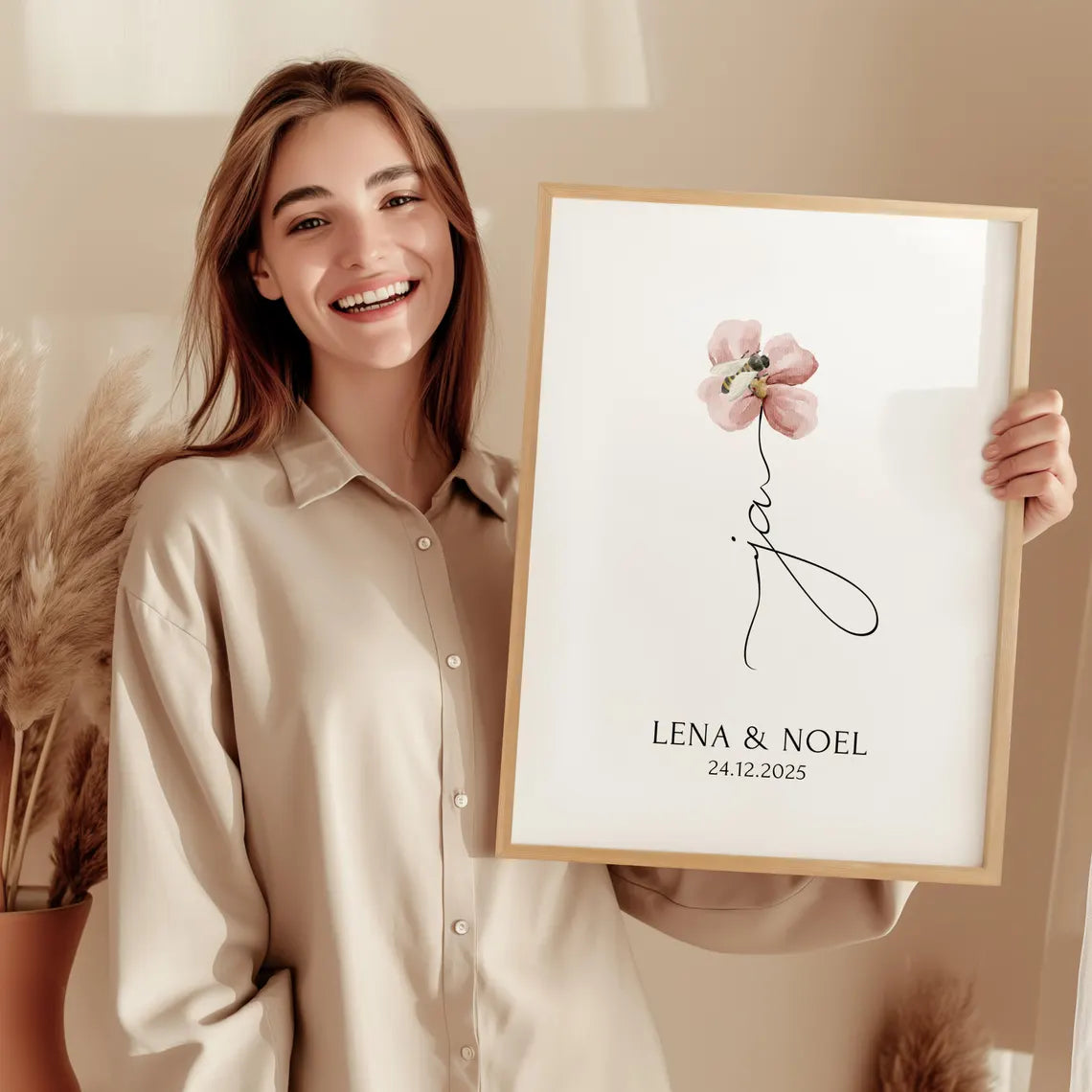 Ja Poster Hochzeit – Geschenk mit Blumen für das Brautpaar