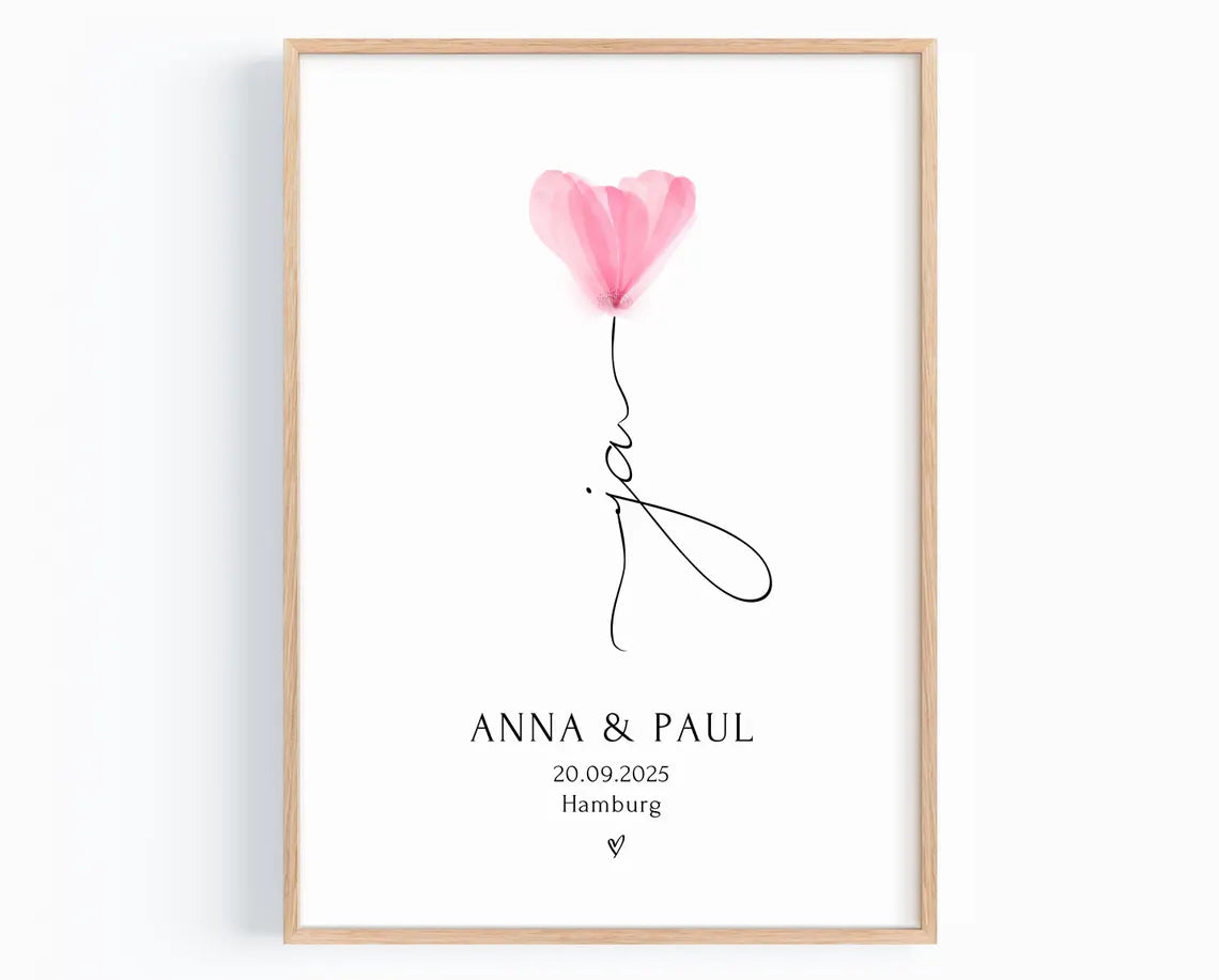 Hochzeit Geschenk Brautpaar personalisiert Ja Poster mit Namen – Verlobungsgeschenk Bilderrahmen
