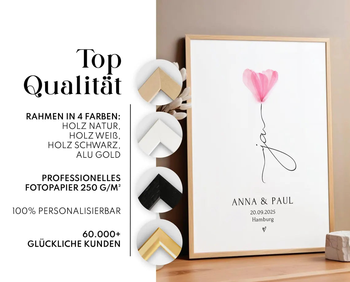 Hochzeit Geschenk Brautpaar personalisiert Ja Poster mit Namen – Verlobungsgeschenk Bilderrahmen