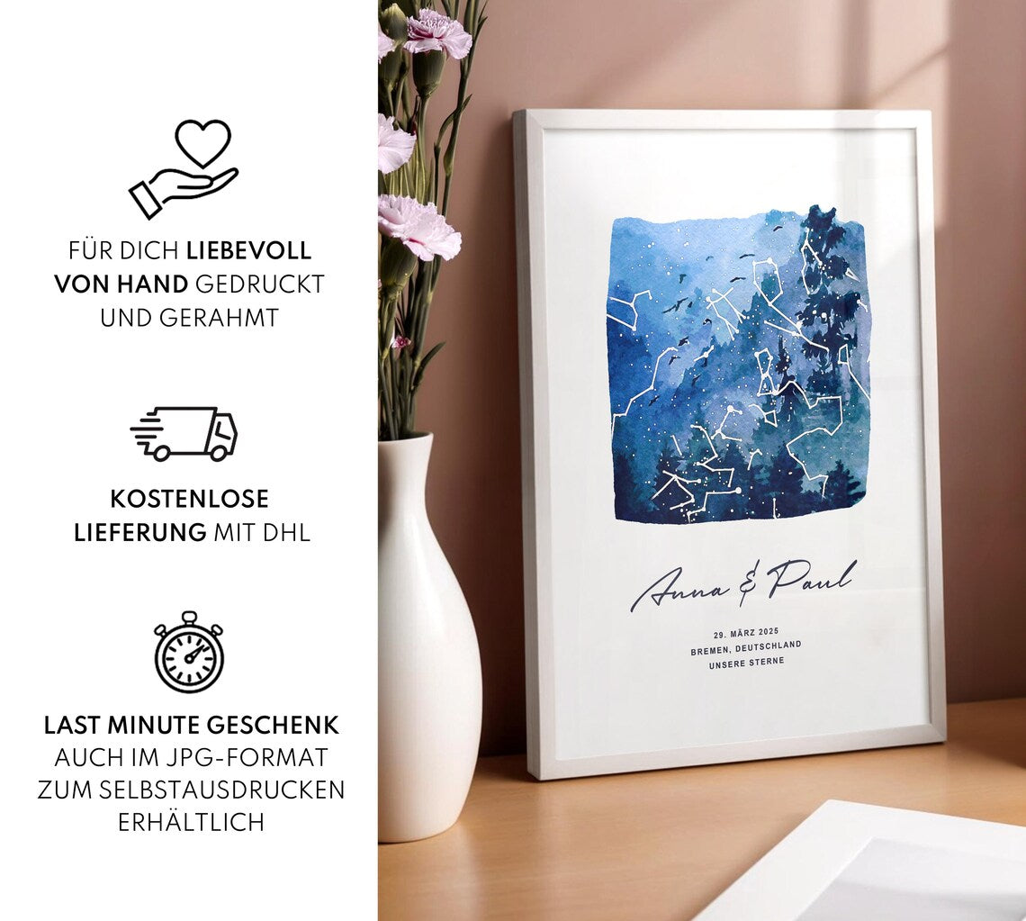 Unsere Sterne - Poster -  Personalisierte Sternkarte in Aquarell, Wald