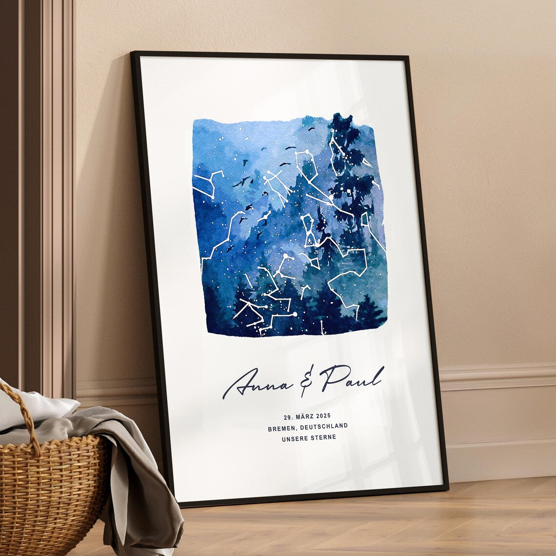 Unsere Sterne - Poster -  Personalisierte Sternkarte in Aquarell, Wald
