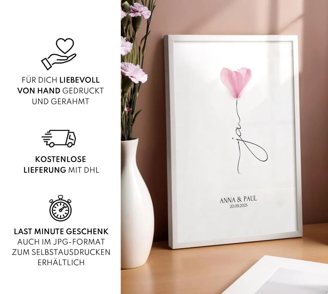 Personalisiertes Ja Poster mit Blume Geschenk Brautpaar Hochzeit