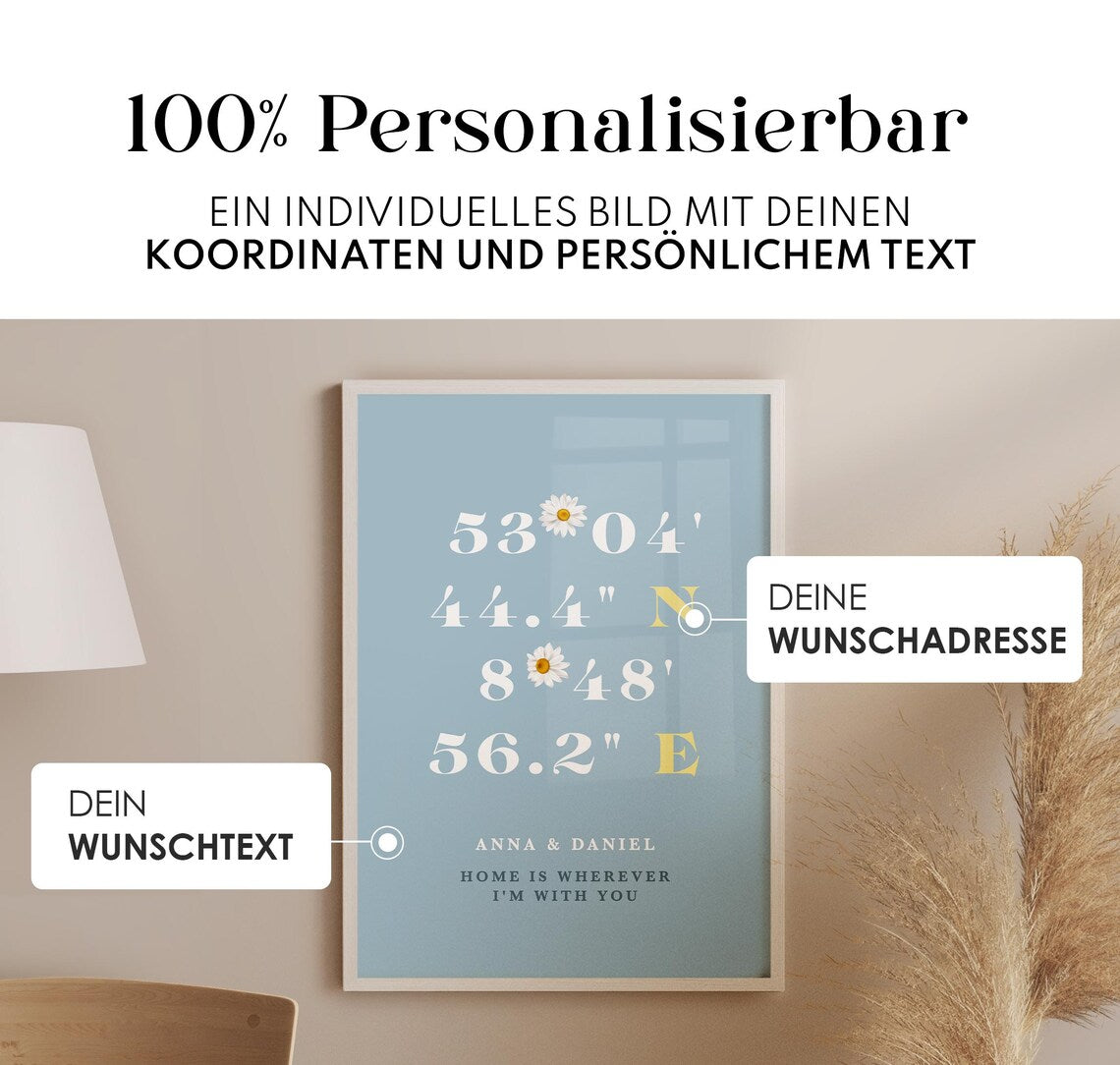 Koordinaten Bild Blau personalisiert – Geschenk für sie oder ihn zum Valentinstag, Jahrestag oder Hochzeitstag