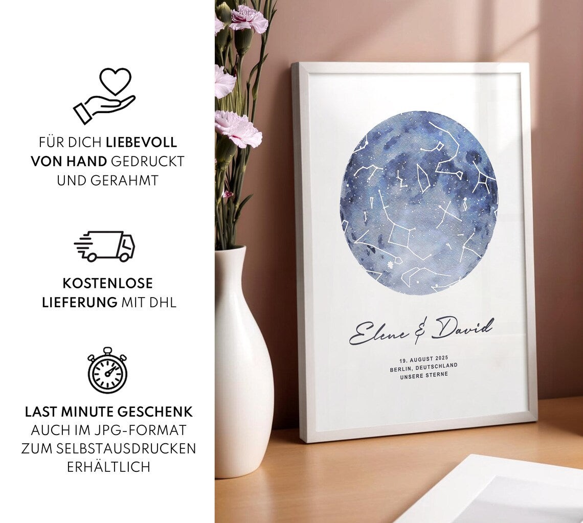 Personalisierte Sternenkarte – Geschenk zum Valentinstag oder Jahrestag für ihn & sie