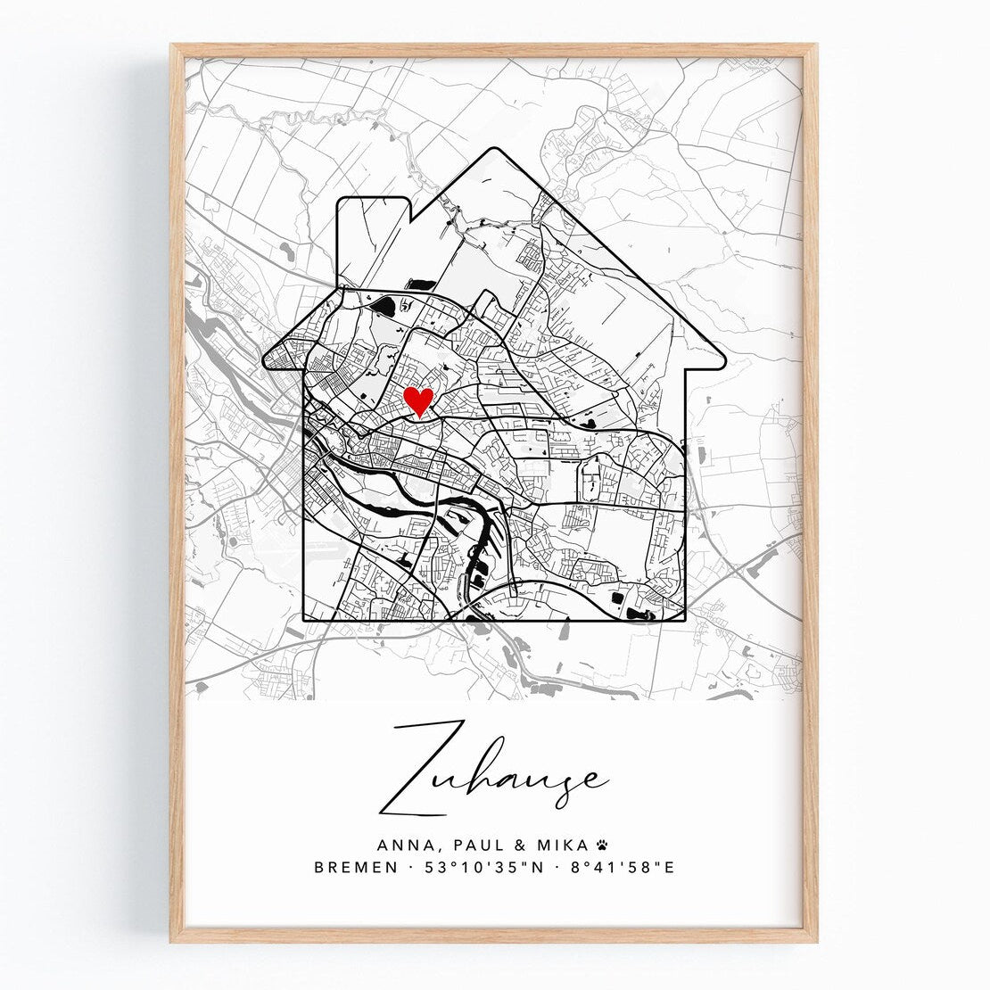 Personalisiertes Zuhause Poster mit Stadtplan – Individuelle Karte mit Namen & Koordinaten