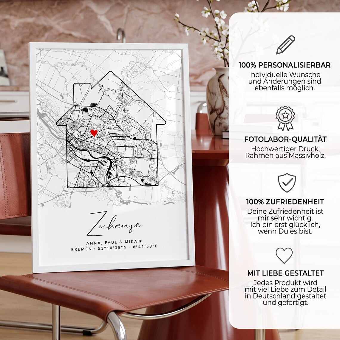 Personalisiertes Zuhause Poster mit Stadtplan – Individuelle Karte mit Namen & Koordinaten
