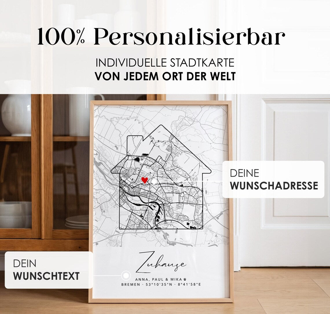 Personalisiertes Zuhause Poster mit Stadtplan – Individuelle Karte mit Namen & Koordinaten