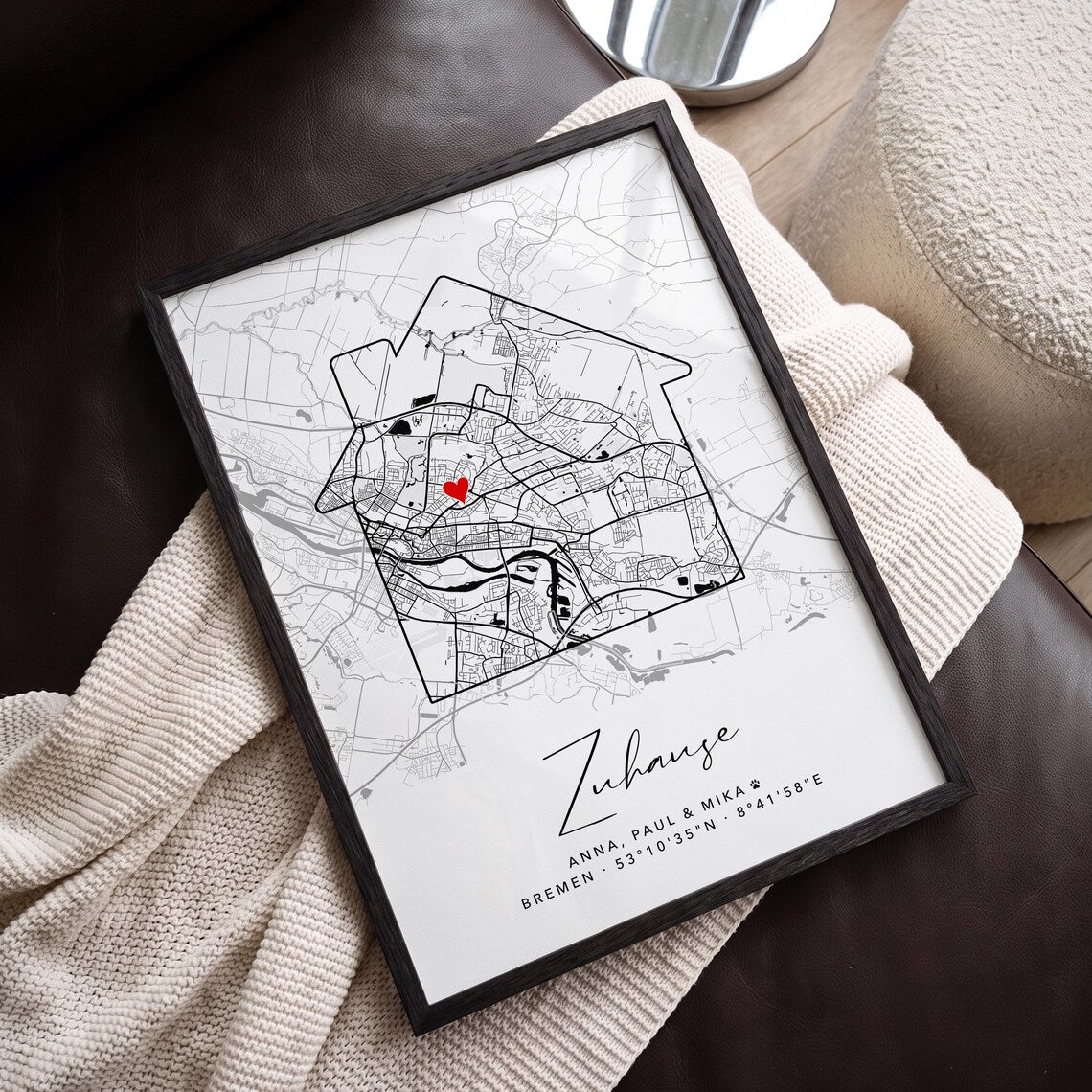 Personalisiertes Zuhause Poster mit Stadtplan – Individuelle Karte mit Namen & Koordinaten