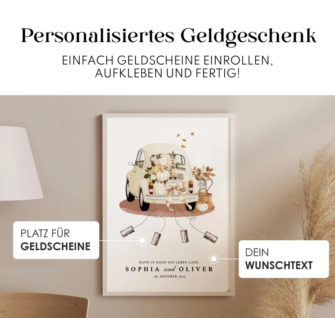 Personalisiertes Geldgeschenk zur Hochzeit – Vintage Auto Poster mit Namen & Datum