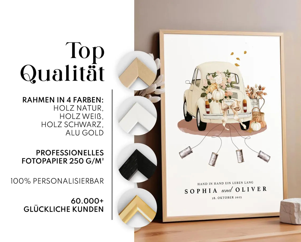 Personalisiertes Geldgeschenk zur Hochzeit – Vintage Auto Poster mit Namen & Datum