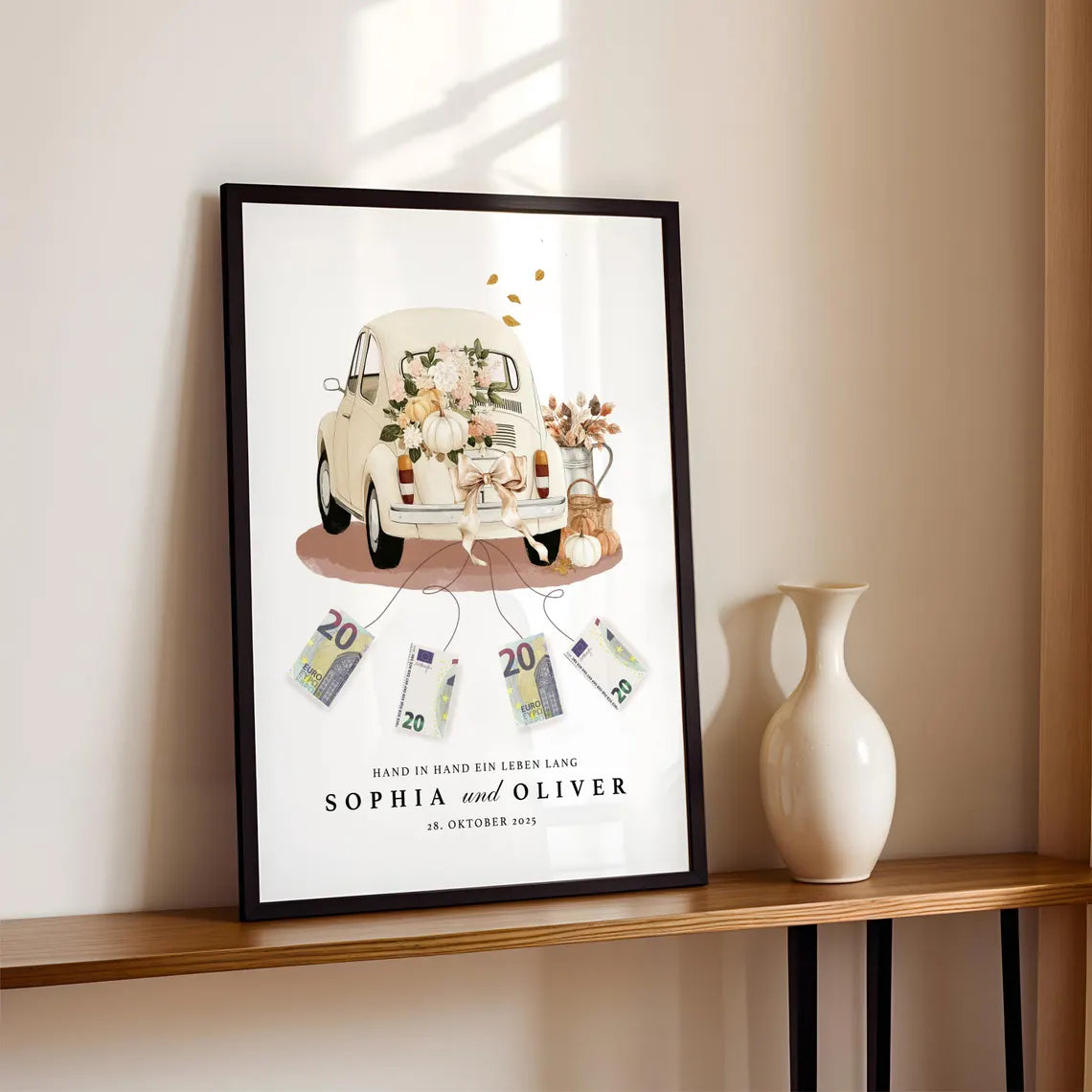 Personalisiertes Geldgeschenk zur Hochzeit – Vintage Auto Poster mit Namen & Datum