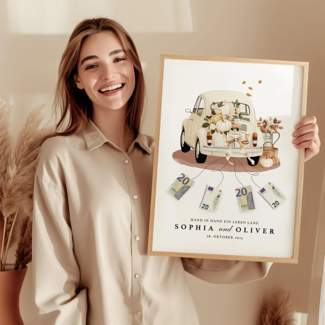 Personalisiertes Geldgeschenk zur Hochzeit – Vintage Auto Poster mit Namen & Datum