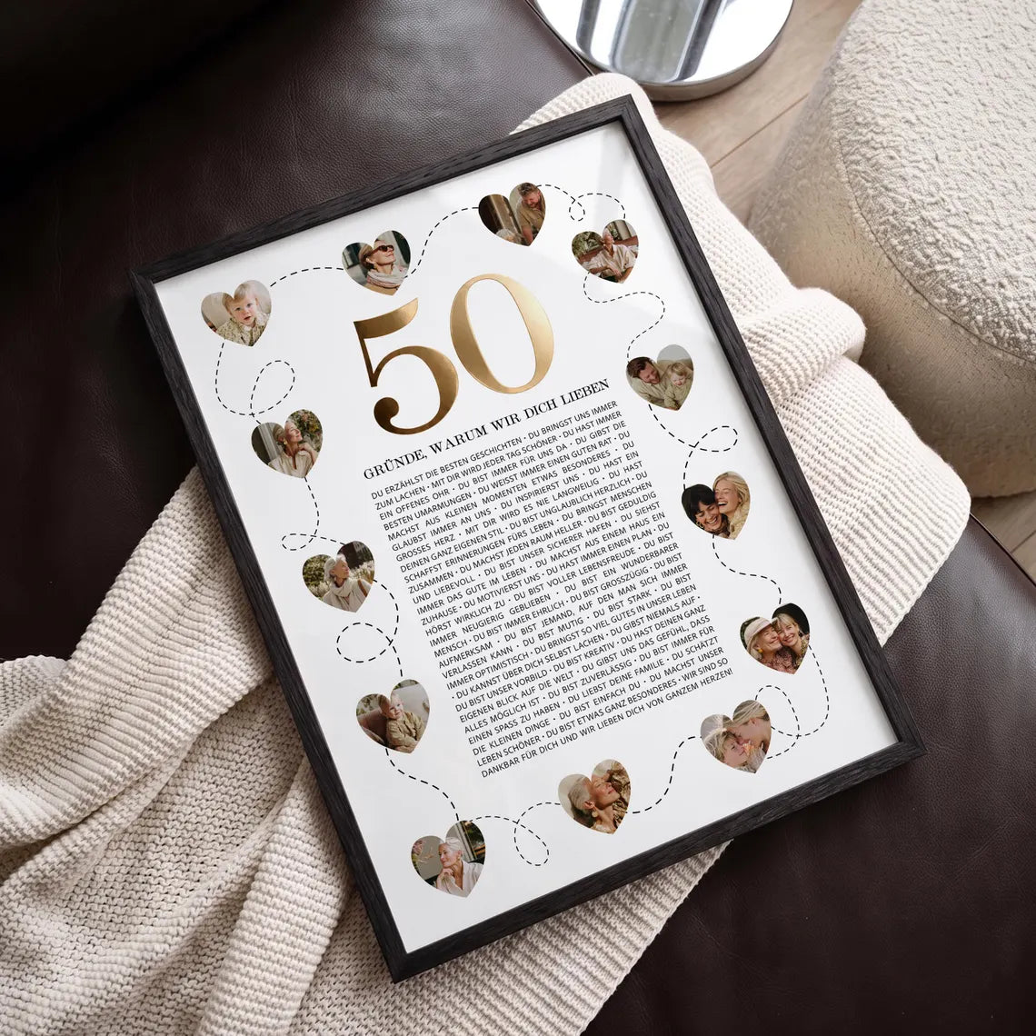 Personalisiertes Poster zum 50. Geburtstag – "50 Gründe" mit Fotos & Goldfolienveredelung