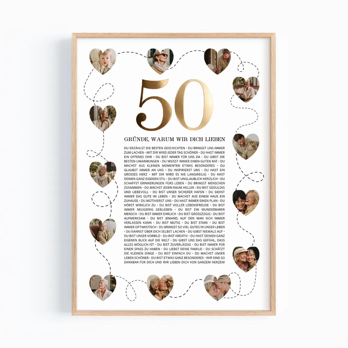 Personalisiertes Poster zum 50. Geburtstag – "50 Gründe" mit Fotos & Goldfolienveredelung