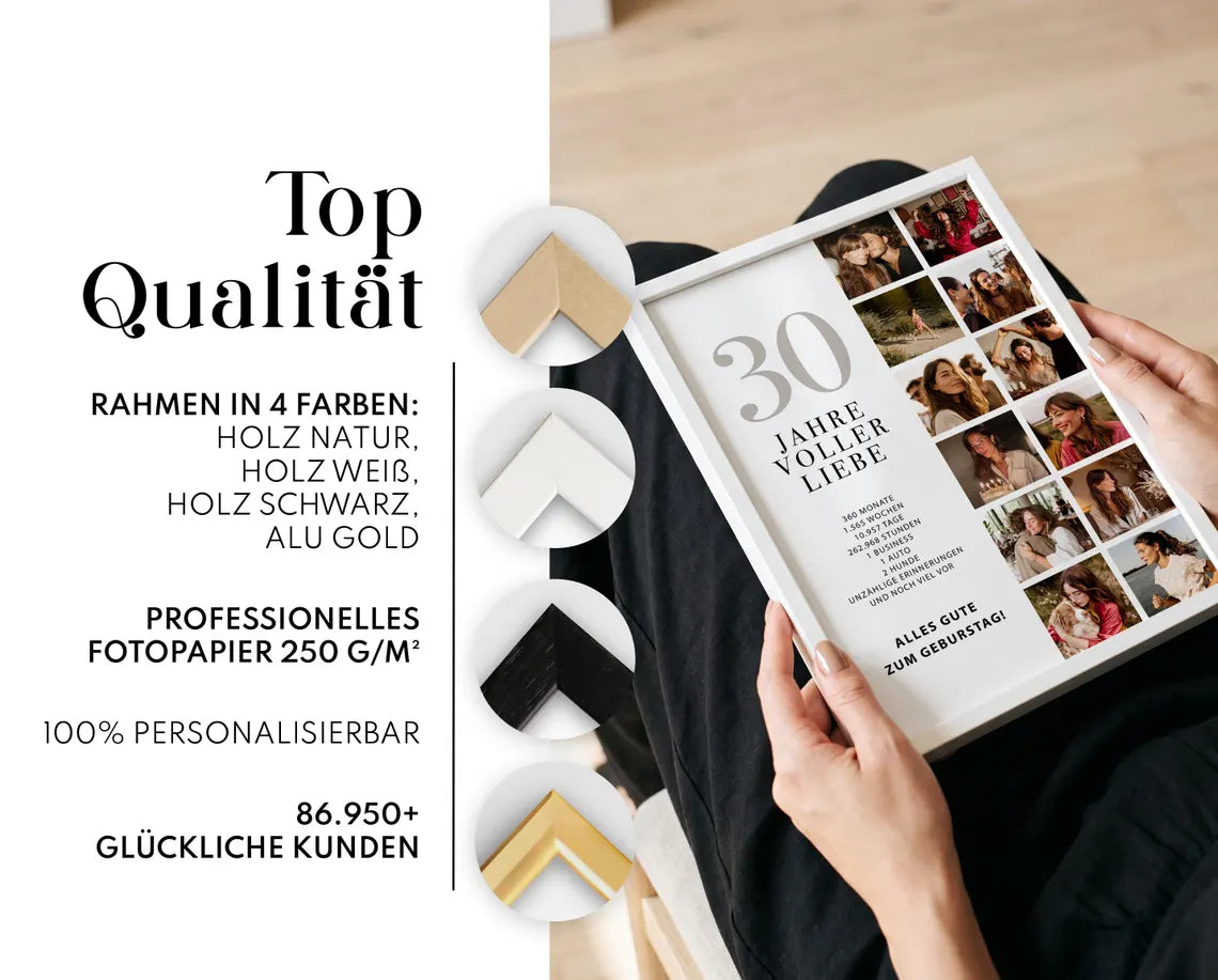 Geschenk zum 30. Geburtstag für Frauen – Personalisiertes Fotocollage Poster für Freundin, Schwester, Tochter oder Kollegin