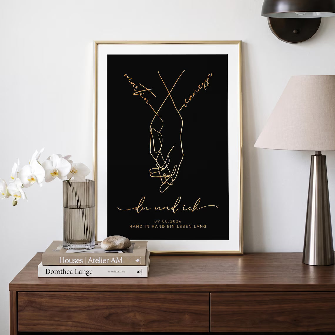 Personalisiertes Hochzeitsgeschenk „Hand in Hand“ mit Goldfolie
