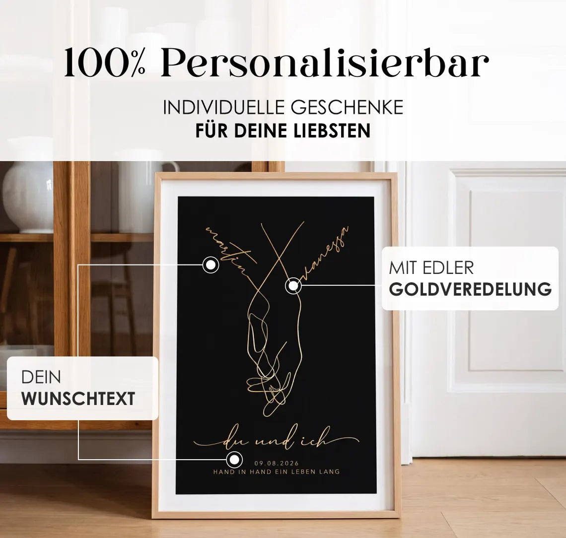 Personalisiertes Hochzeitsgeschenk „Hand in Hand“ mit Goldfolie