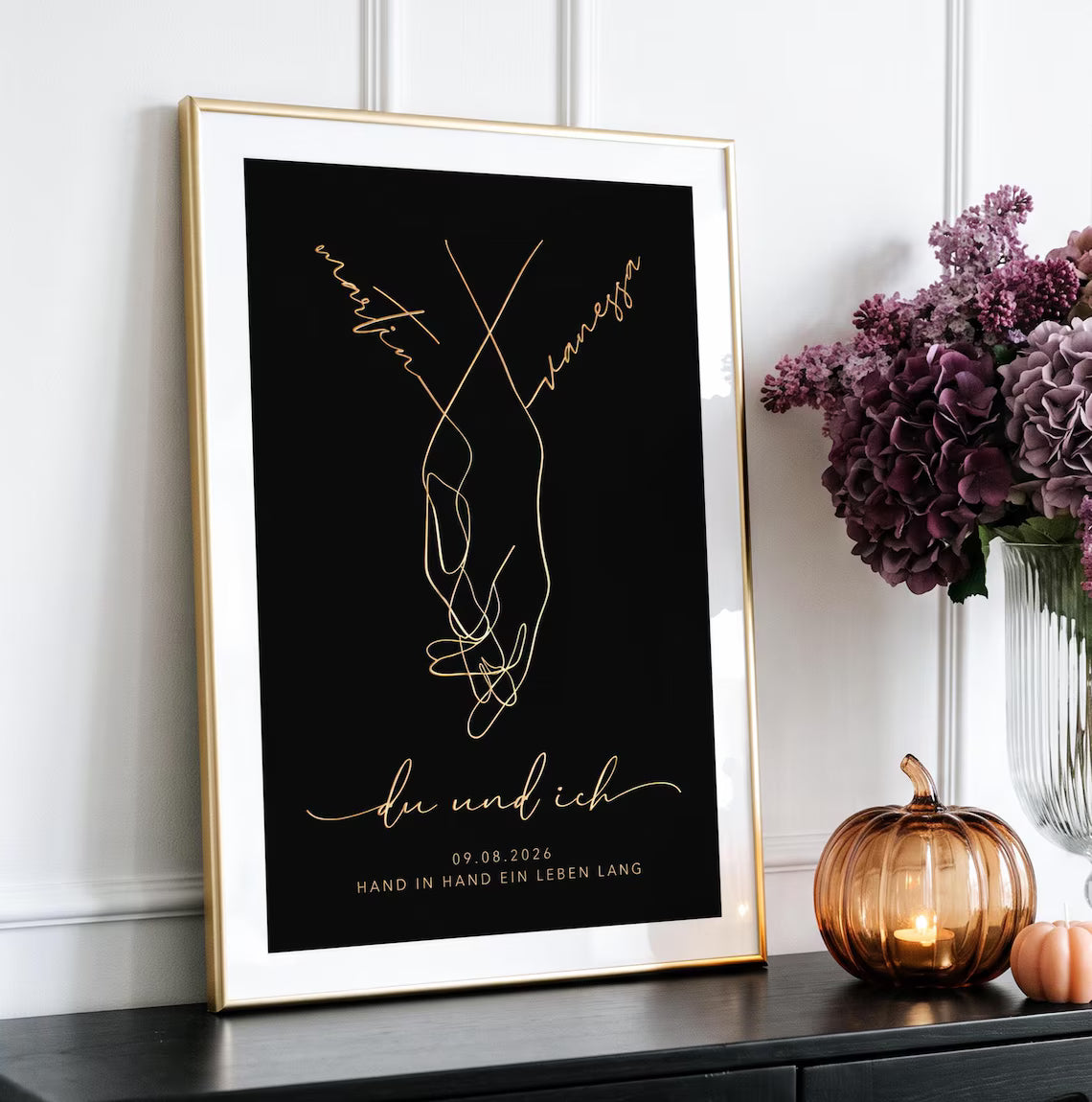 Personalisiertes Hochzeitsgeschenk „Hand in Hand“ mit Goldfolie