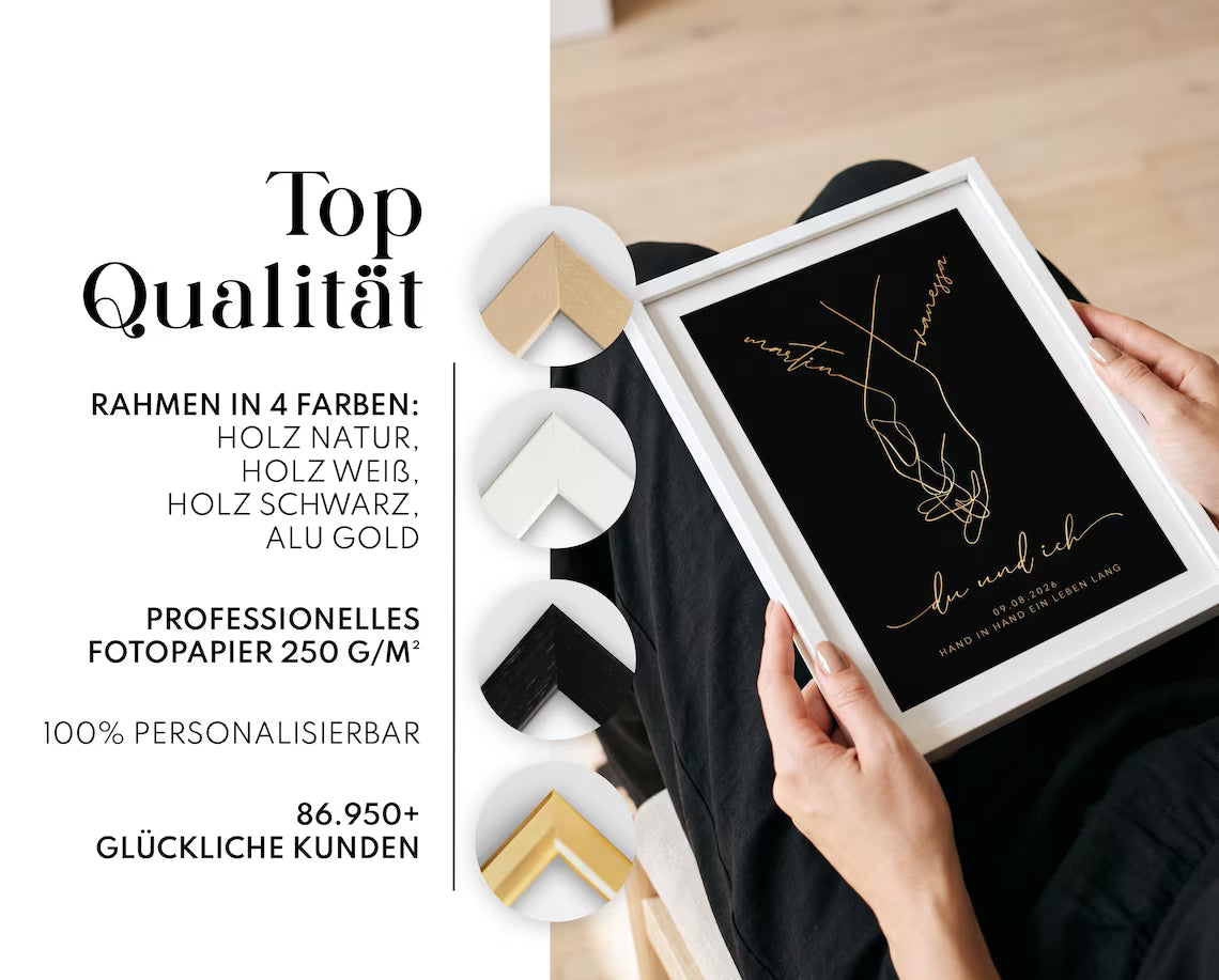 Personalisiertes Hochzeitsgeschenk „Hand in Hand“ mit Goldfolie