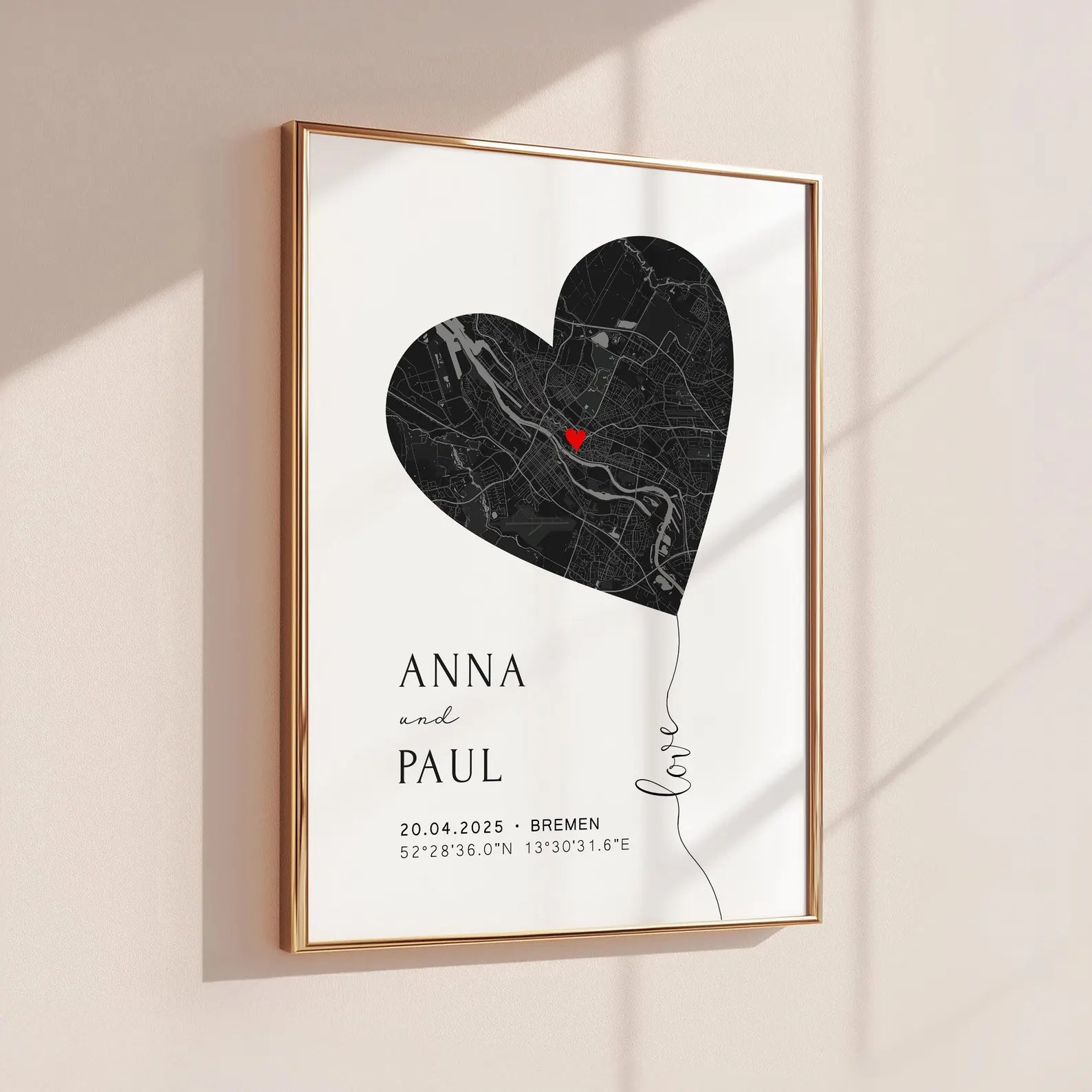 Personalisiertes Hochzeitsgeschenk mit Koordinaten & Namen - Herz Poster