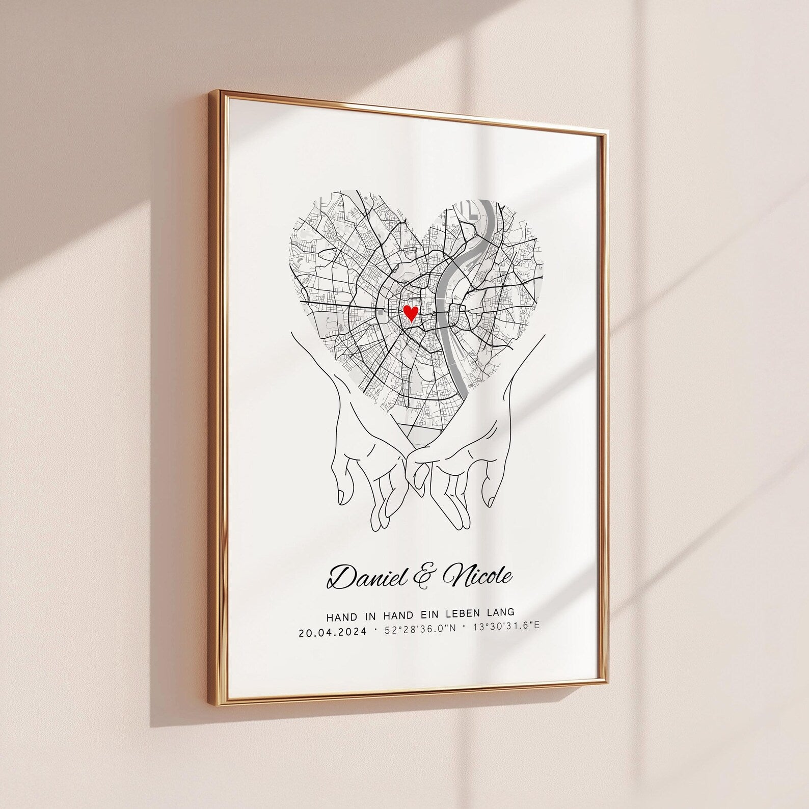 Hand in Hand Koordinaten Bild – Geschenk zur Hochzeit oder Silberhochzeit
