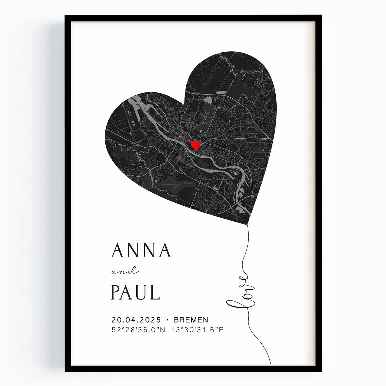 Personalisiertes Hochzeitsgeschenk mit Koordinaten & Namen - Herz Poster