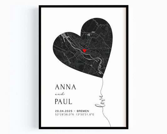 Personalisiertes Hochzeitsgeschenk mit Koordinaten & Namen - Herz Poster