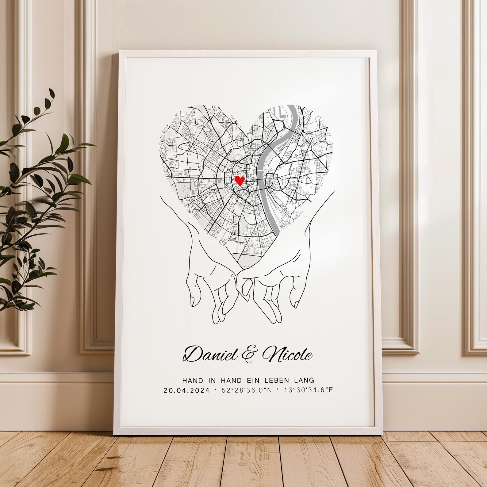 Hand in Hand Koordinaten Bild – Geschenk zur Hochzeit oder Silberhochzeit