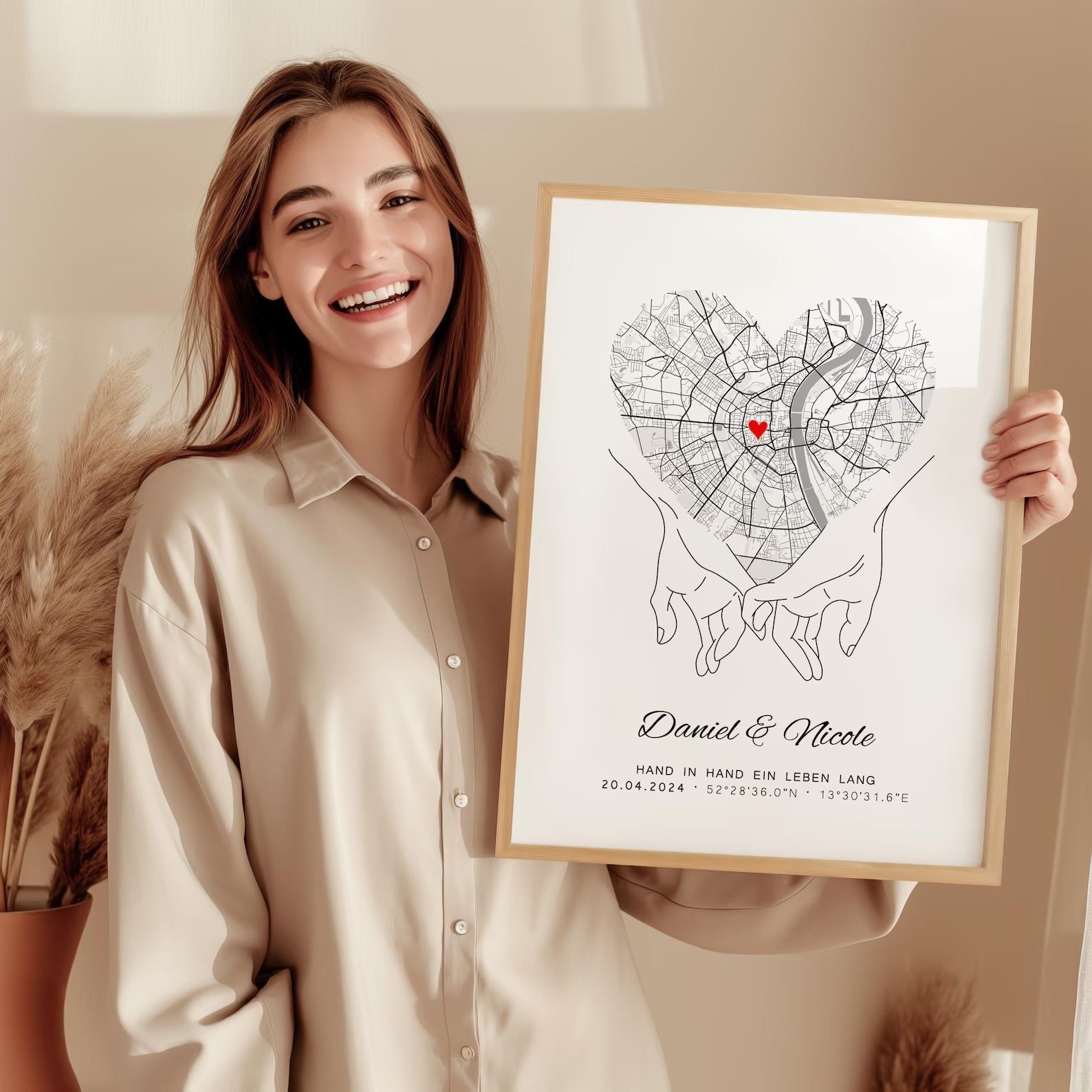 Hand in Hand Koordinaten Bild – Geschenk zur Hochzeit oder Silberhochzeit