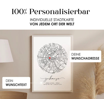 Zuhause Poster im Kreis - Personalisierte Stadtkarte