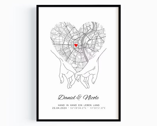 Hand in Hand Koordinaten Bild – Geschenk zur Hochzeit oder Silberhochzeit