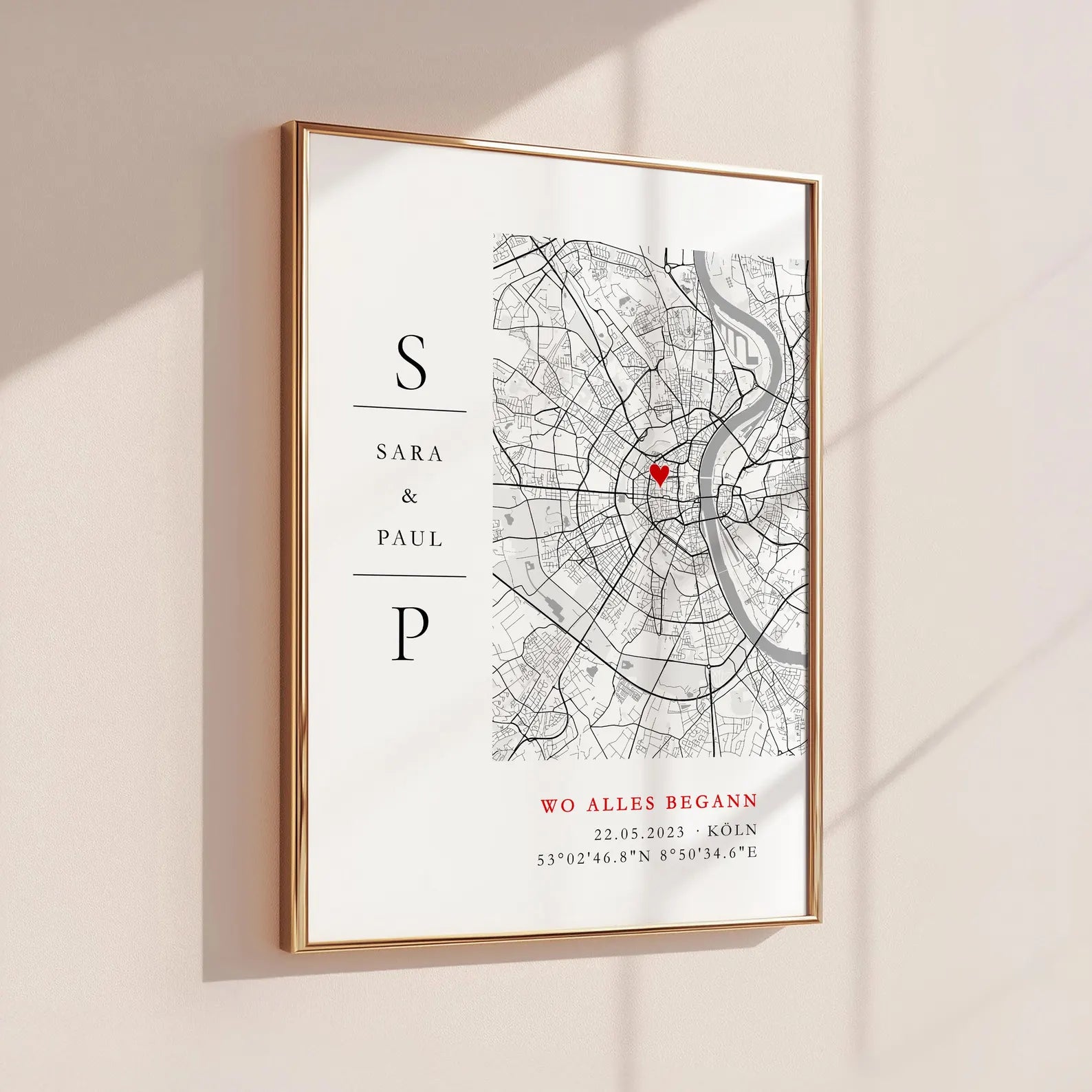 Stadtkarte mit Koordinaten personalisiert - Jahrestag Geschenk für ihn & sie