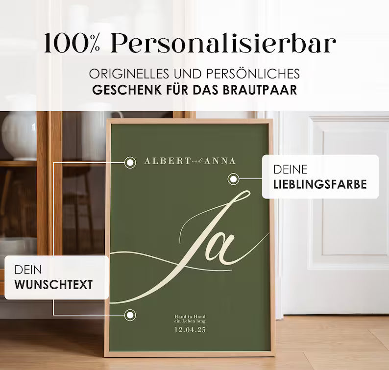 Personalisiertes Hochzeitsposter mit Namen & Datum – „Ja“ Poster als Hochzeitsgeschenk für das Brautpaar